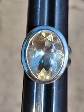 Sterling Silver Yellow Crystal Oval Ring - Chunky Estate Size 7